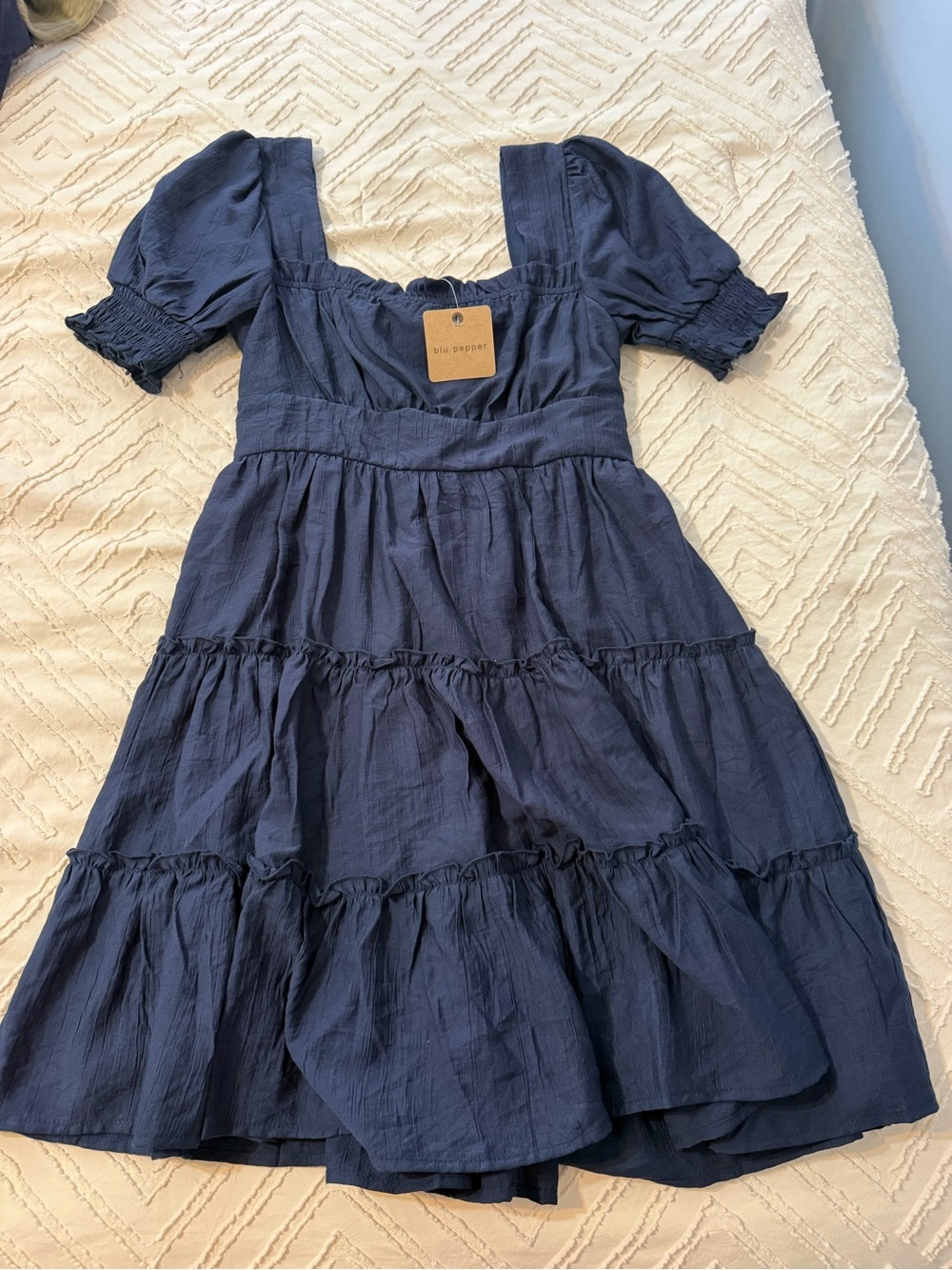 Blu Pepper Navy Tiered Square Neck Puff Sleeve Dress